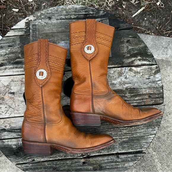 Lucchese Shoes - Vintage Lucchese Concho Cowboy Boots Women’s 9 Men’s 7 Western Patina Tobacco